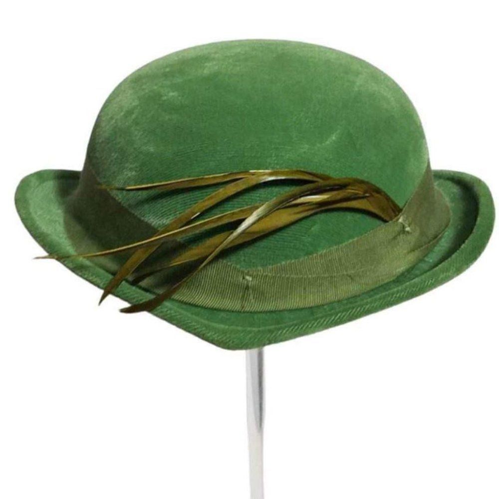 Vintage 60's Olive Green Hat with Grosgrain Ribbon and Feather